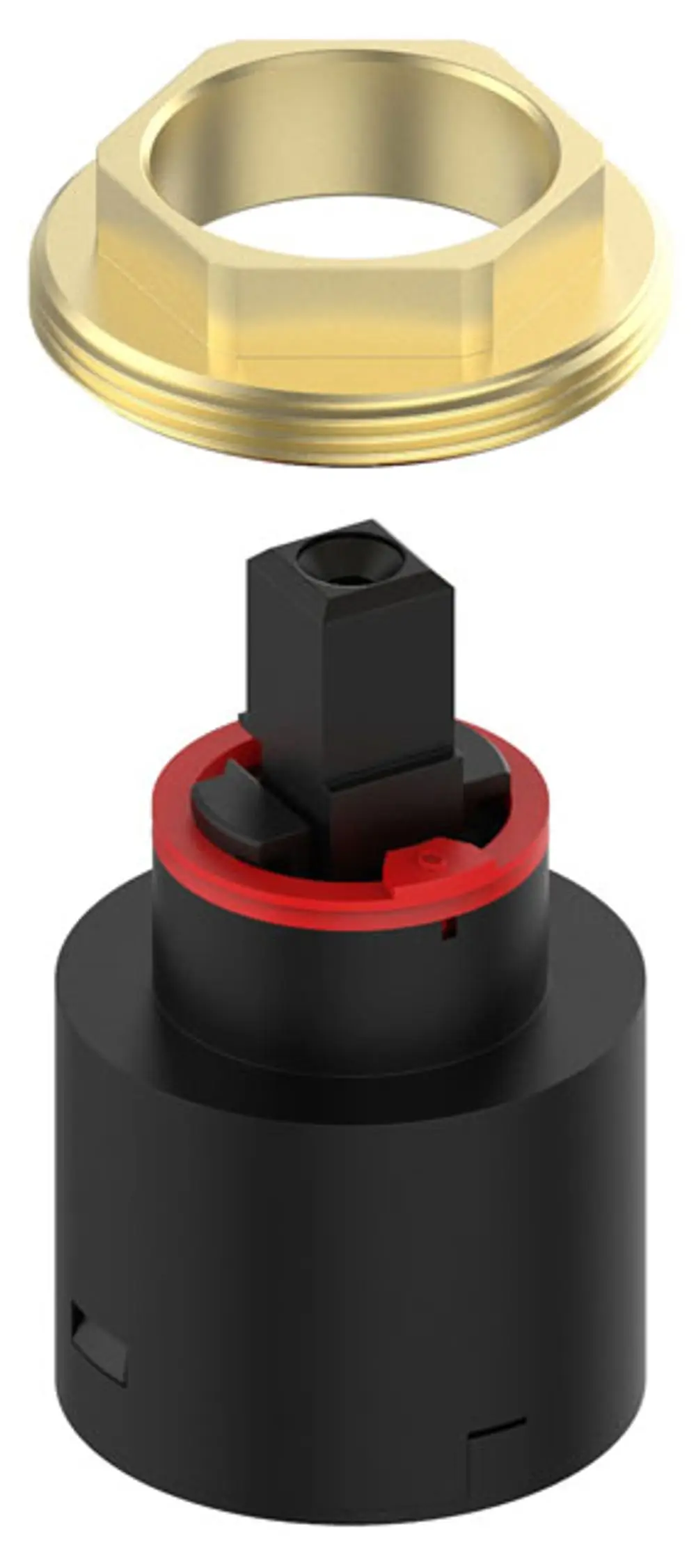 Kompakte Mischwasserkartusche von Keuco, bestehend aus einem schwarzen Gehäuse mit rotem Ring und einer goldenen Anschlussmutter, geeignet für verschiedene Modelle.